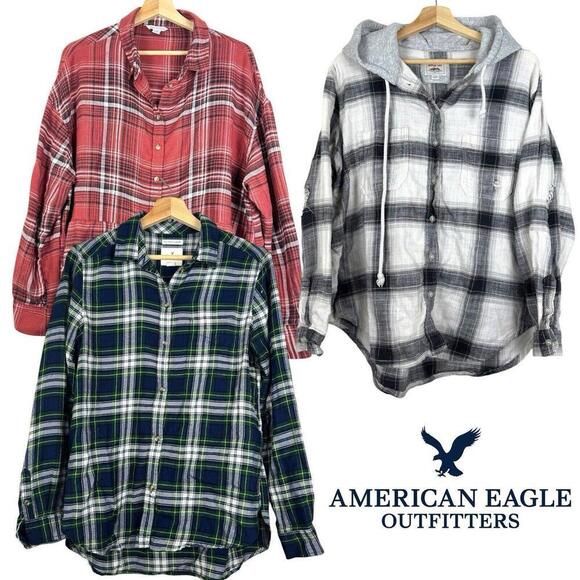 Lot-3 American Eagle Flannel Shirt Women’s Large Check Plaid Boyfriend Fit Soft - Picture 1 of 15